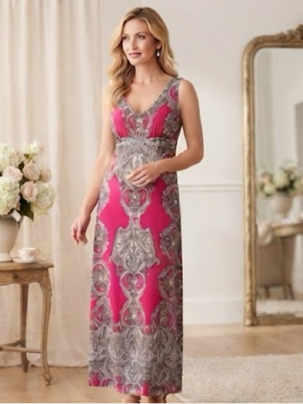 INC Maxi Dress Sleeveless Pink Mirror Pattern size Large P2P:18 Built in Pads